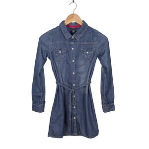 Nautica Denim Dress Girls 12 Long Sleeve Snap Close Belted Retro Western Preppy